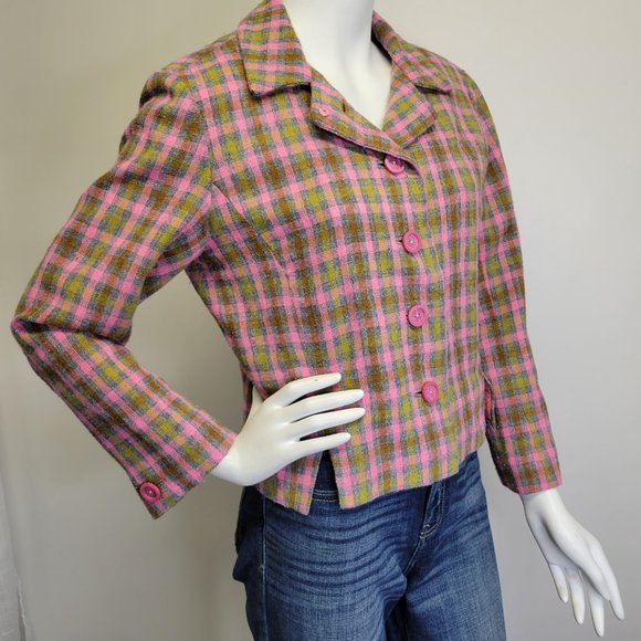 Vtg 60s Handmade Mad Men Pink Plaid Wool Blend Cropped Blazer Jacket Womens M - Picture 2 of 14